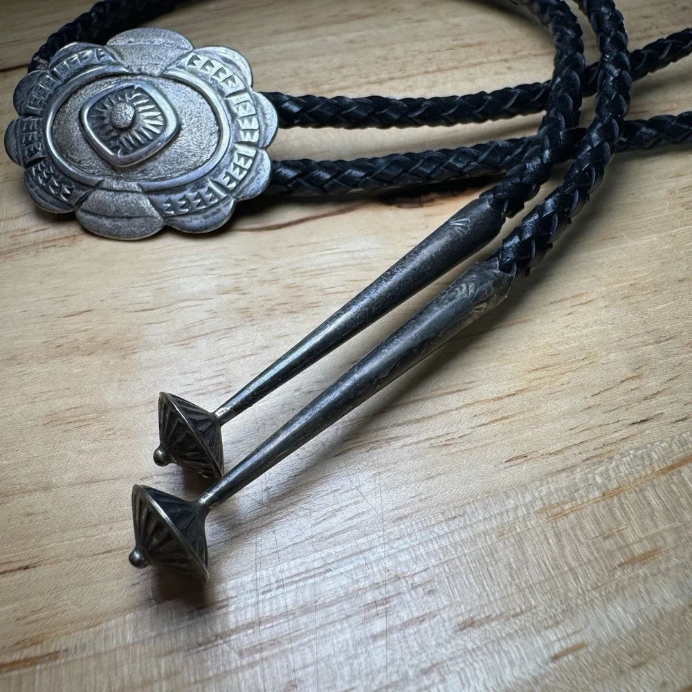 Vintage Southwestern Sun Bolo Tie JS Marked Silver‎ Concho Leather Cord Western